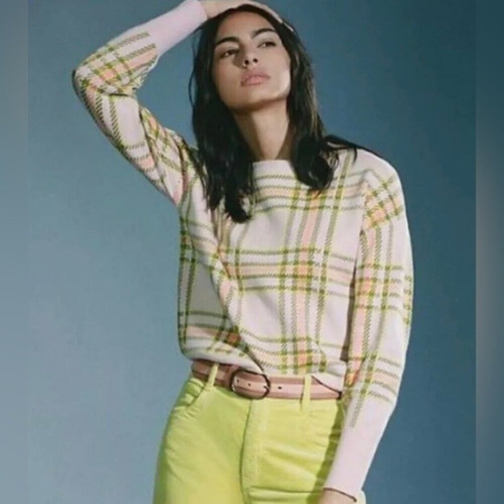 Maeve Pink and Yellow Plaid Sweater